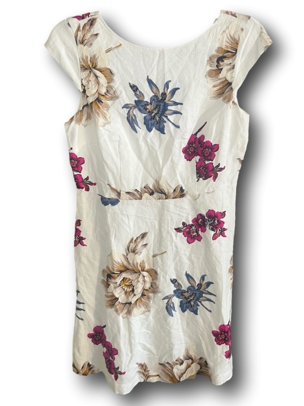 Ann Taylor Linen Blend Cream Floral Sheath Dress with Pink & Blue Blooms